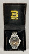 GENTS BINGER 45 JEWEL SKELETON AUTOMATIC STAINLESS STEEL BRACELET WRISTWATCH, ref. B-8606M-1, open