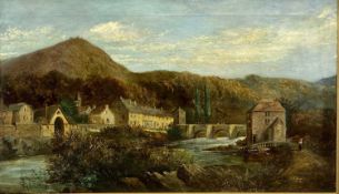 19TH CENTURY BRITISH SCHOOL oil on canvas, - Llangollen Bridge from the West, showing the Mill House