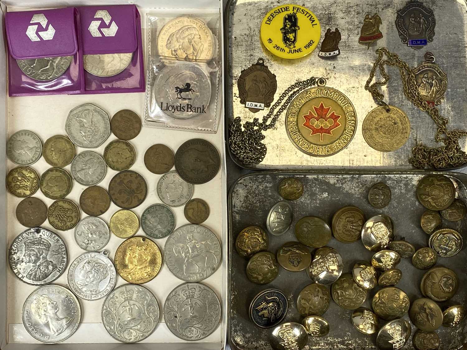 MIXED BUTTONS, BADGES & COINS GROUP, comprising military and other tunic buttons, silver and