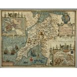 JOHN SPEED 1610 hand coloured engraved map of Caernarfon with inset town plans of Caernarfon and