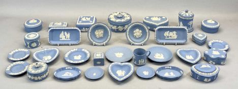 COLLECTION OF WEDGWOOD BLUE & WHITE JASPERWARE ITEMS, mainly pin trays and lidded boxes, approx.