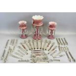 PAIR OF VICTORIAN PINK OPAQUE GLASS LUSTRES WITH CRIMPED RIMS, enamel painted flowers and with clear