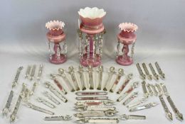 PAIR OF VICTORIAN PINK OPAQUE GLASS LUSTRES WITH CRIMPED RIMS, enamel painted flowers and with clear