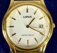 GENTS LORUS WATER RESIST GOLD TONE STAINLESS STEEL BRACELET WRISTWATCH, white dial set with gilt