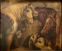 18TH CENTURY CONTINENTAL SCHOOL oil on panel - man with horses and hound dogs, unsigned, 24 x