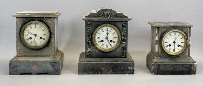 THREE VICTORIAN BLACK SLATE MANTEL CLOCKS, white enamel dials, black Roman numerals, 29cms H (the