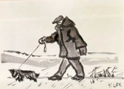‡ KAREL LEK MBE inkwash - man walking dog, signed lower right, 9.5 x 14cms Provenance: private