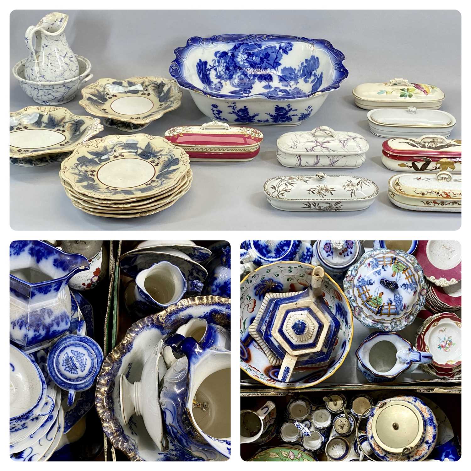 LARGE COLLECTION OF VICTORIAN FLOW BLUE CHINA & OTHER ITEMS, including jug...