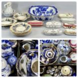 LARGE COLLECTION OF VICTORIAN FLOW BLUE CHINA & OTHER ITEMS, including jug and oval bowl, teapots,