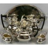 FIVE-PIECE SILVER PLATED TEA SERVICE ON NON-ASSOCIATED TWO-HANDLED TRAY, 23cms H (the tallest