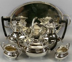 FIVE-PIECE SILVER PLATED TEA SERVICE ON NON-ASSOCIATED TWO-HANDLED TRAY, 23cms H (the tallest