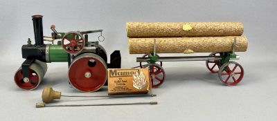 MAMOD LIVE STEAM ROLLER SR1A, BOXED WITH ACCESSORIES, and a Mamod lumber wagon LW1 with logs,