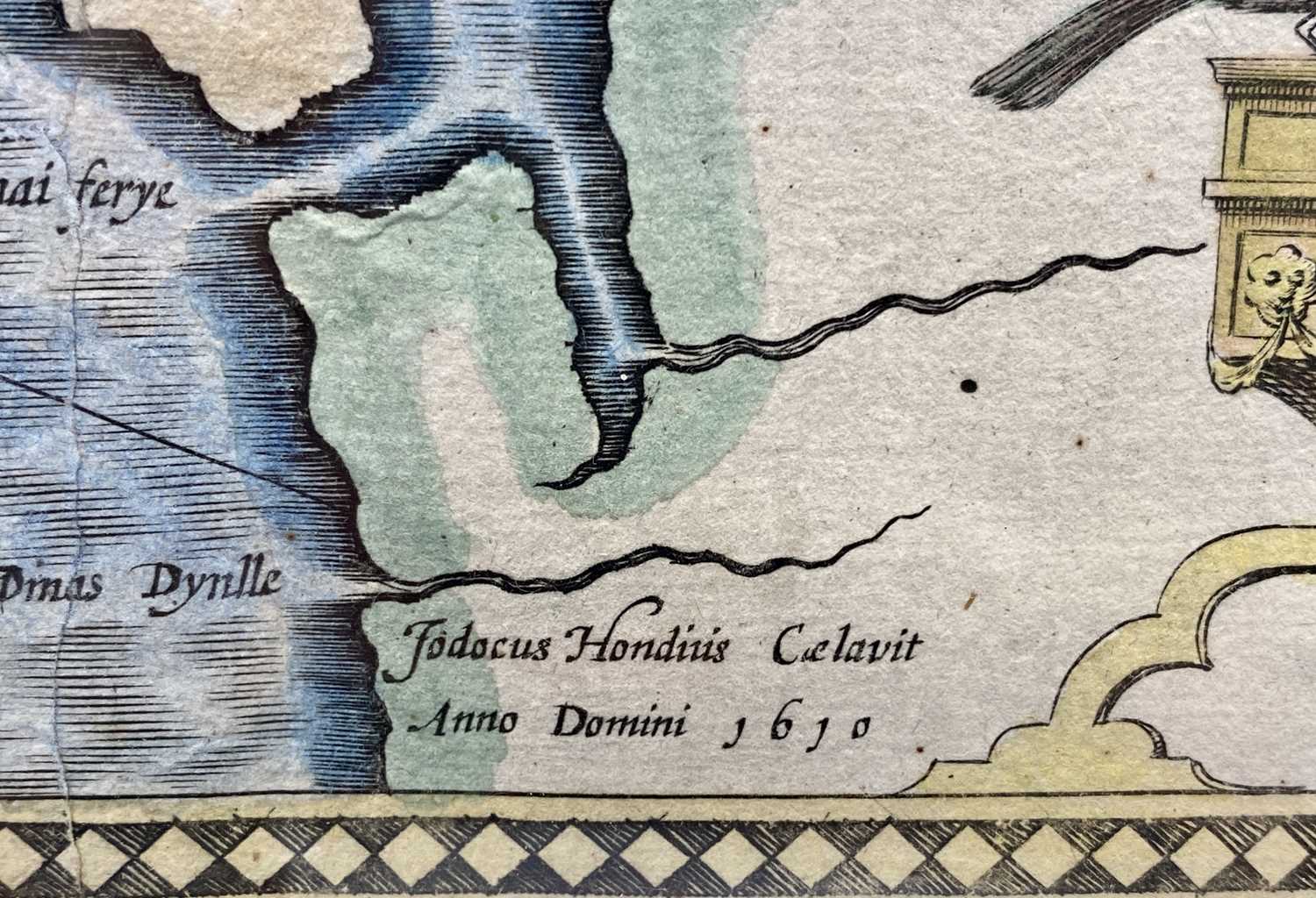 JOHN SPEED hand coloured engraved map circa 1610 - Anglesey with inset town plan of Beaumaris, 39 - Image 3 of 3