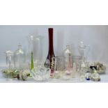 LARGE QUANTITY OF GLASSWARE, including red glass vase of slender design, 51cms H, 2 x glass chemists