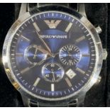 GENTS EMPORIO ARMANI QUARTZ STAINLESS STEEL BRACELET WRISTWATCH, blue dial set with silvered baton