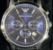 GENTS EMPORIO ARMANI QUARTZ STAINLESS STEEL BRACELET WRISTWATCH, blue dial set with silvered baton