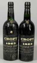 TWO BOTTLES OF CROFT 1963 VINTAGE PORT, original labels, sealed caps, levels showing as one at lower