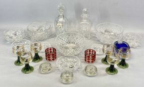 MIXED CUT GLASSWARE, including fruit bowls, decanters and set of six hock glasses, with gilded bowls