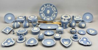 COLLECTION OF WEDGWOOD BLUE & WHITE JASPERWARE PINTRAYS, LIDDED BOWLS, SMALL VASES and other
