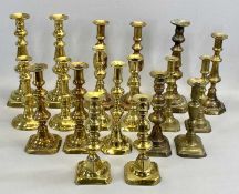 SEVEN PAIRS OF VICTORIAN BRASS CANDLESTICKS & FIVE SINGLES, the tallest pair stamped 'Jas. Kenny 1