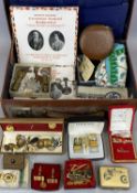 SMALL VINTAGE SUITCASE & COLLECTABLE CONTENTS including leather goods, coronation, souvenir and
