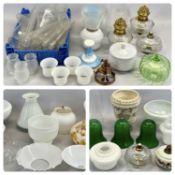 LARGE QUANTITY OF GLASS LIGHT SHADES, CHIMNEYS, RESERVOIRS & OTHER LIGHTING ACCESSORIES