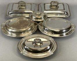 SIX VARIOUS SILVER PLATED ENTREE DISHES & COVERS two being rectangular format with beaded and