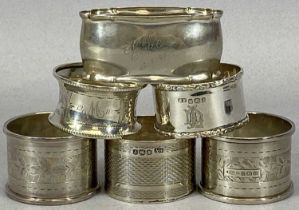 SIX SILVER NAPKIN RINGS, THREE HAVE BIRMINGHAM HALLMARKS, TWO SHEFFIELD & ONE CONTINENTAL STAMPED