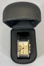 GENTS EMPORIO ARMANI QUARTZ RECTANGULAR CHROME CASE WRISTWATCH WITH LEATHER STRAP, copper tone dial,