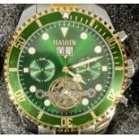 GENTS HAIQIN SKELETON AUTOMATIC BI-TONE STAINLESS STEEL BRACELET WRISTWATCH, green bezel and dial