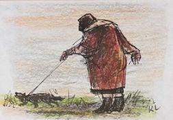 ‡ KAREL LEK MBE pen and pastel - woman walking dog, monogrammed lower right, 9.5 x 14cms Provenance: