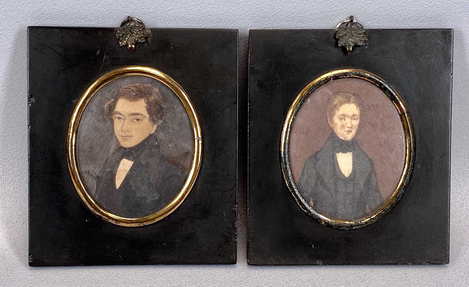PAIR OF OVAL WATERCOLOUR MINIATURES CIRCA 1840, head and shoulder portraits of a gentleman and - Image 3 of 3