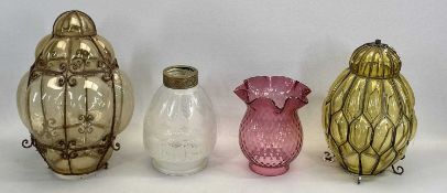 VINTAGE METAL FRAMED BLOWN AMBER GLASS LIGHT SHADE, 40cms H, one similar smaller, 33cms H, pink