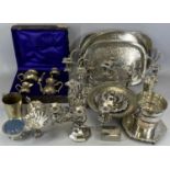GOOD SELECTION OF MIXED EPNS & OTHER PLATED WARE includes serving trays, candelabra and table