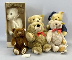 FIVE STEIFF TEDDY BEARS, Sailor MS Margaret with growler, 38cms H, classic mohair, 41cms, Year