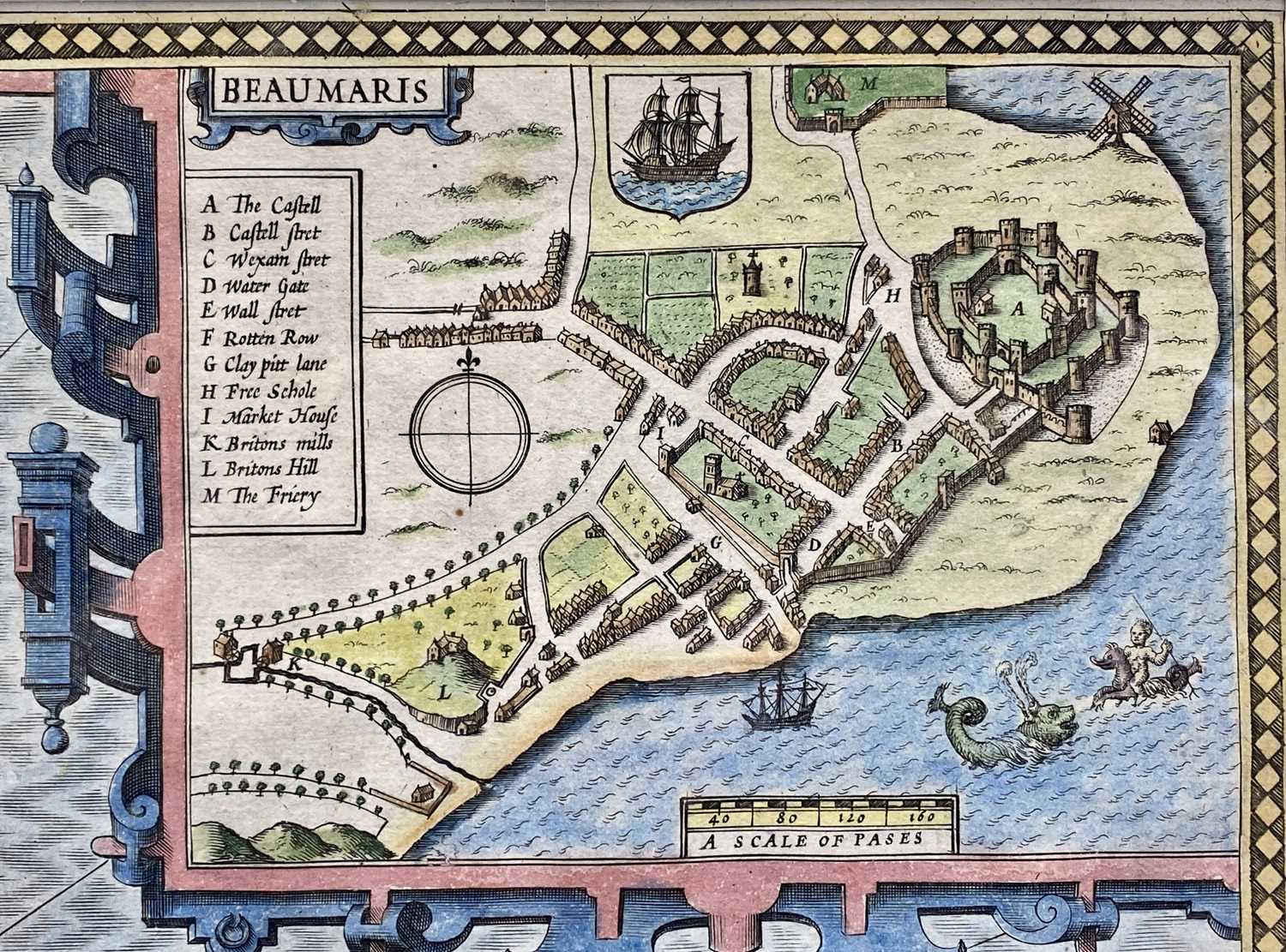 JOHN SPEED hand coloured engraved map circa 1610 - Anglesey with inset town plan of Beaumaris, 39 - Image 2 of 3