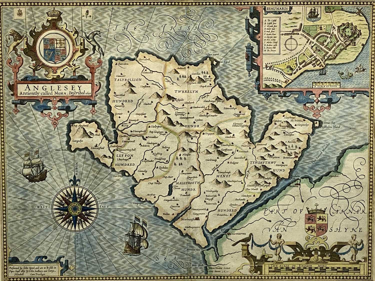 JOHN SPEED hand coloured engraved map circa 1610 - Anglesey with inset town plan of Beaumaris, 39