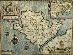 JOHN SPEED hand coloured engraved map circa 1610 - Anglesey with inset town plan of Beaumaris, 39