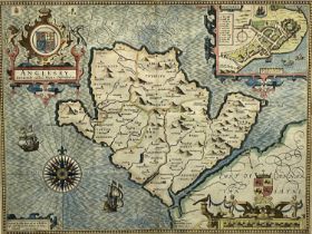 JOHN SPEED hand coloured engraved map circa 1610 - Anglesey with inset town plan of Beaumaris, 39