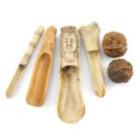 ASSORTED BONE & WOOD COLLECTIBLES, including Georgian turned bone apple corer, Chinese bone