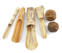 ASSORTED BONE & WOOD COLLECTIBLES, including Georgian turned bone apple corer, Chinese bone