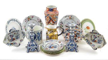 ASSORTED CERAMICS, including 4x botanical china dessert plates, pair candlesticks, oversized