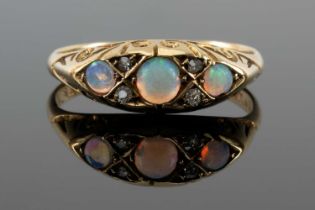 ANTIQUE 18CT GOLD OPAL & DIAMOND CHIP RING, the shank engraved with initials and date '2/4/07', ring