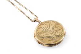 9CT GOLD CIRCULAR ENGRAVED LOCKET on 9ct gold cube link chain, 40cms long, 12.6gms Provenance: