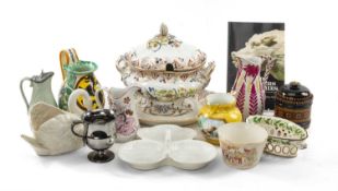 ASSORTED CERAMICS, including 19th C. enamelled creamware chestnut basket, various Victorian