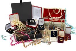 ASSORTED COSTUME JEWELLERY including beads, brooches, gold plated jewellery, silver set jewellery,