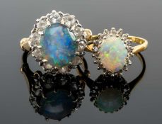 18CT GOLD OPAL & DIAMOND CHIP CLUSTER RING, ring size R 1/2, 4.3gms, together with 9ct gold opal and