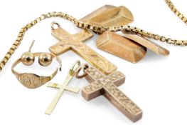 GOLD JEWELLERY comprising 9ct gold box link chain, two 9ct gold cross pendants and a 14ct gold cross