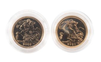 TWO ELIZABETH II GOLD HALF SOVEREIGNS, 2001 and 2002, uncirculated, capsules, each 3.9g (2)