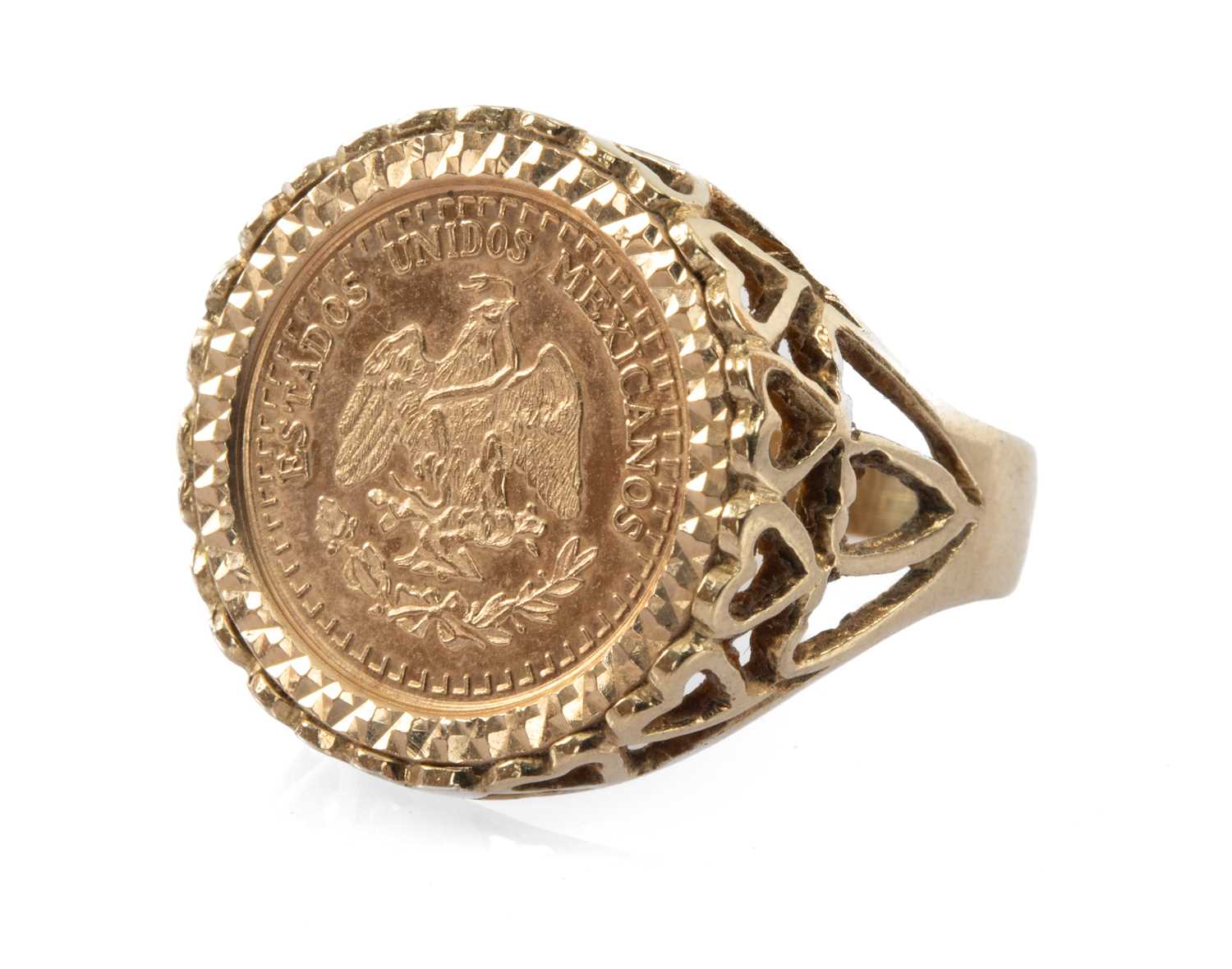 1945 DOS PESOS COIN, in 9ct gold pierced heart ring mount, ring size R, 4.2gms Provenance: private